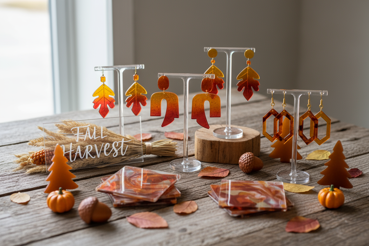 seasonal acrylic earrings and home decor